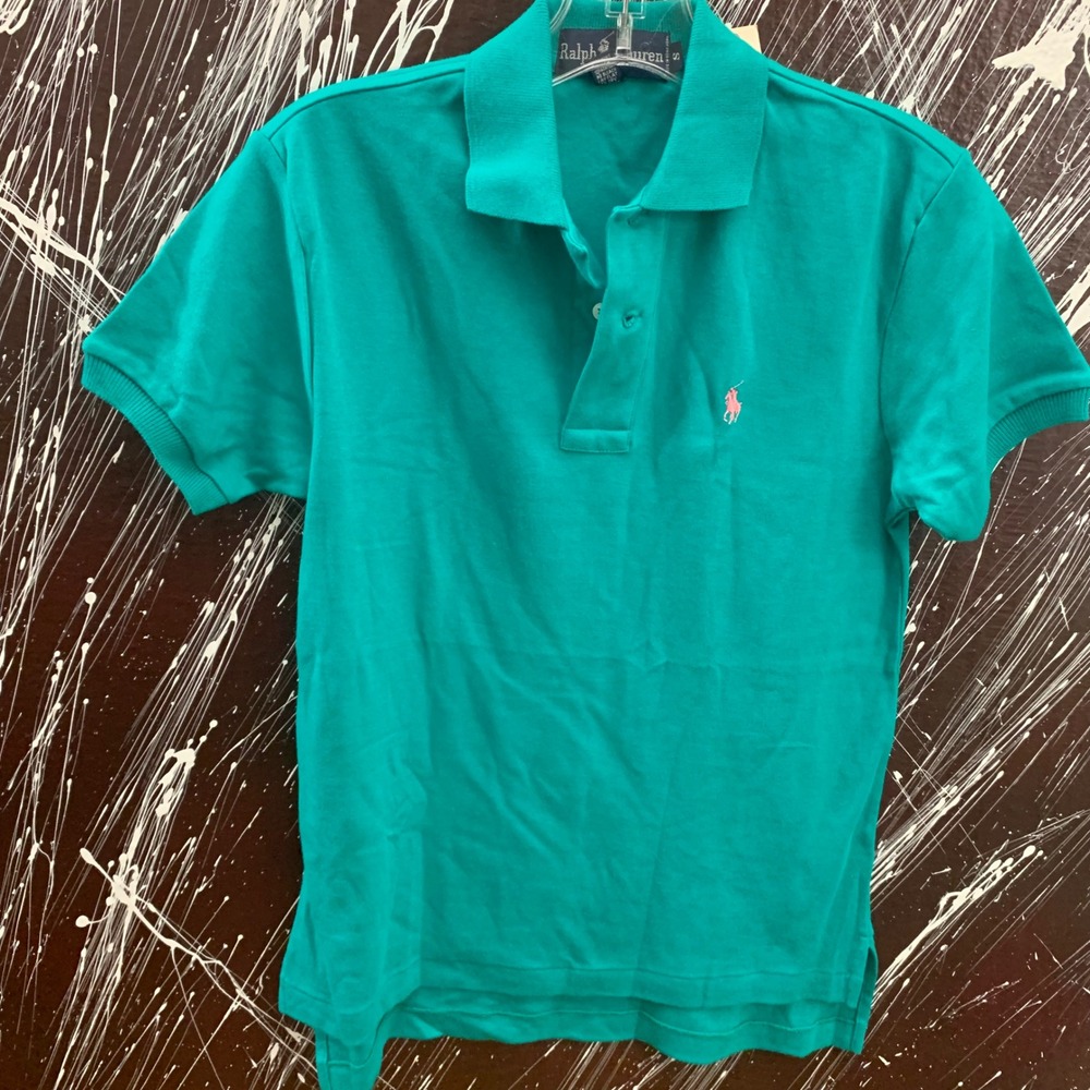 Ralph Lauren Mens Teal Green Cotton Polo Shirt Pink Pony Logo Small NEW